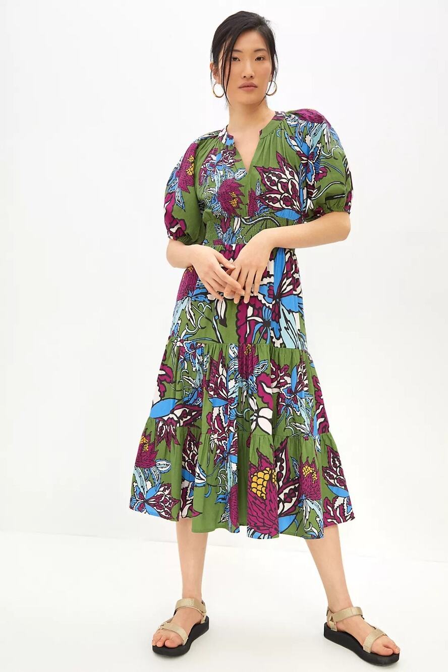 Anthropologie Conditions Apply Puff Sleeve Green Floral Cotton Midi Dress US 2